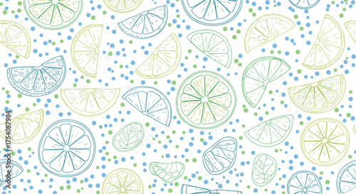 A repeating pattern of citrus slices and scattered dots in green and blue on a white background.