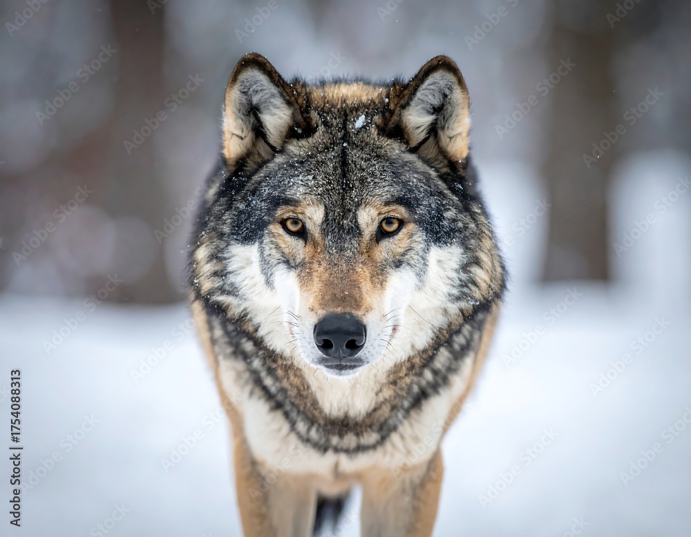 Obraz premium Close-up portrait of a gray wolf in a snowy forest
