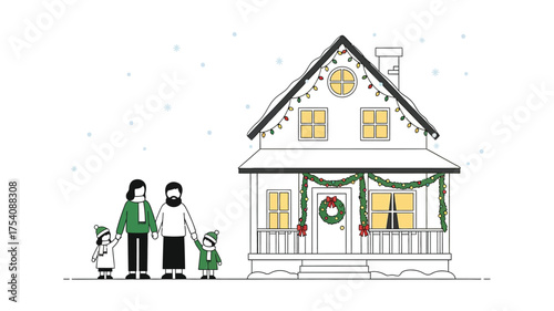 A family of four stands outside their house decorated for Christmas with lights, garland, and a wreath.