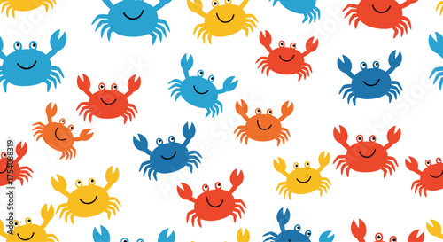 A playful pattern of brightly colored crabs walking on a white background.