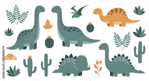 A delightful collection of cartoon dinosaurs with prehistoric plants and cacti.