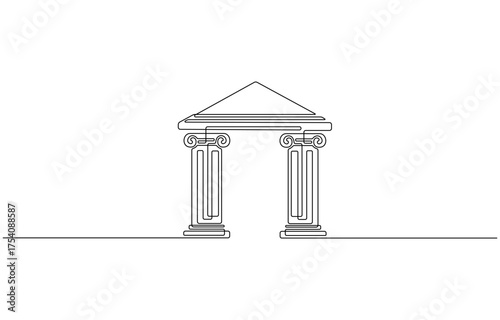 Continuous one line drawing of a Greek temple, Corinthian classical Greek or Roman temple on transparent background.