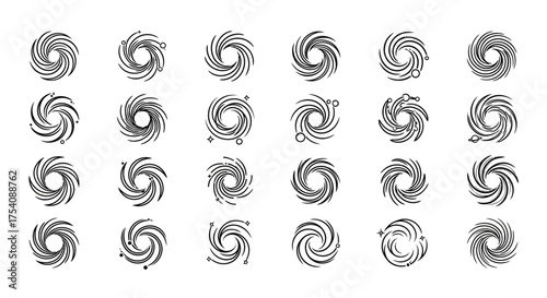 Collection of abstract swirling vortex icons, representing dynamics and movement in simple graphic