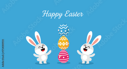 Happy easter with cute bunnies and decorated eggs.
