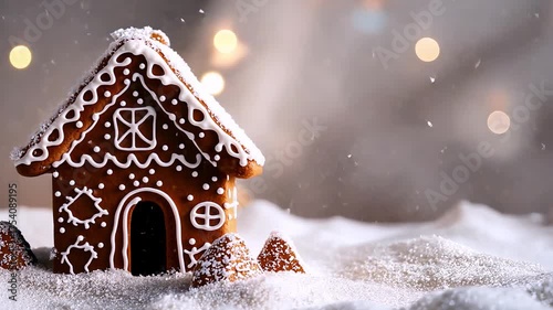 Gingerbread house with falling snowflakes in festive winter wonderland setting