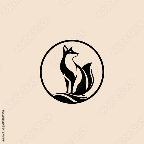 Elegant minimalist black fox illustration within a circular frame, stylized wild canine graphic art, modern animal emblem vector