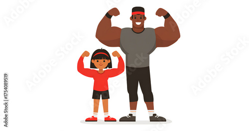 simple clip art of an african american father with large muscles and his young daughter beside him
