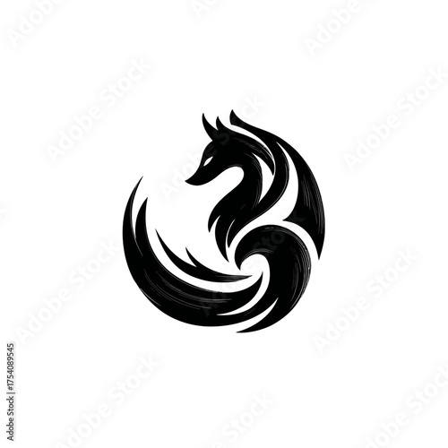 Elegant black fox or wolf silhouette logo design with abstract tribal elements forming a circular shape. Modern animal icon graphic.