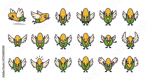 Adorable corn cartoon with winged characters showing various expressions and poses illustration