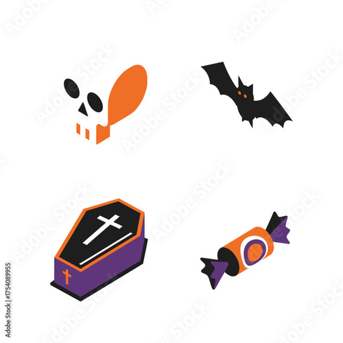 Isometric Halloween icon set with skull bat coffin and candy.