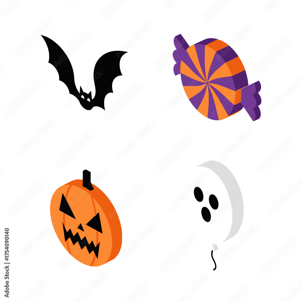 Naklejka premium Halloween Icons Set Bat Pumpkin Candy Ghost Isometric Style.