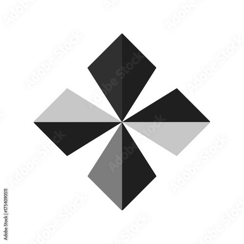 Abstract geometric star shape design in varying shades of gray, modern graphic element, dynamic pinwheel pattern, contemporary icon.