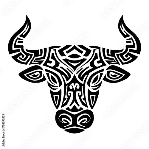 Stylized Tribal Bull Head Illustration. Powerful Black Vector Art Design, Animal Symbol, Strong Graphic Element, Artistic Tattoo Concept.