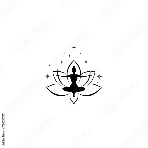 Serene yoga meditation silhouette in lotus position on a blooming flower with stars, spiritual wellness and inner peace vector icon.