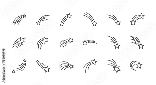 Set of artistic shooting star icons displaying unique cosmic design elements illustration