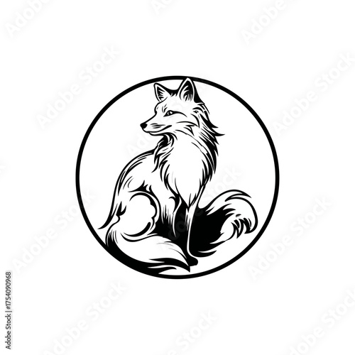 Elegant Stylized Sitting Fox Illustration, Black and White Vector Art within a Circular Frame. Detailed Wildlife Graphic Design.