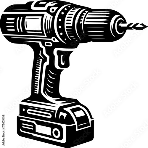 Cordless Drill: A meticulously detailed monochrome illustration showcases a powerful cordless drill, ready for action. The image highlights the tool's intricate design and essential features.