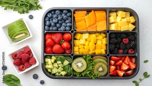 Fresh colorful organic fruit salad in a box with berries for a healthy diet