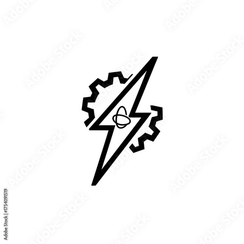 Electrical engineering and science icon with lightning bolt, gear, and atom symbol. Concept of industrial power and technological innovation.