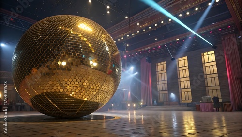 A mirrored disco ball casts bright lights across the club dance floor at a night party