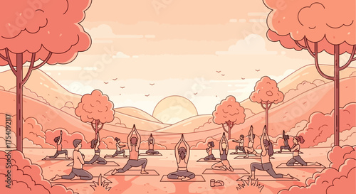 A peaceful outdoor yoga session with people practicing poses amidst a beautiful landscape