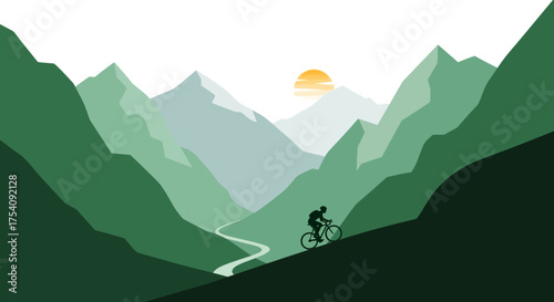 A serene digital painting of a cyclist climbing through mountainous landscape under a warm sun