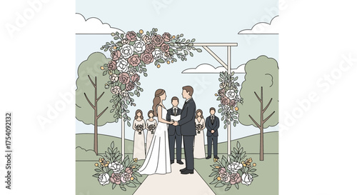 A serene outdoor wedding ceremony with floral arch and elegant wedding party illustration