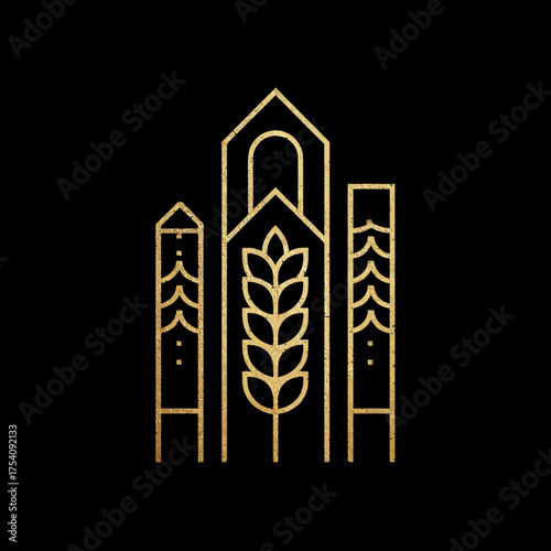 Elegant golden line art illustration of a stylized wheat ear and modern architectural structures on a black background, minimalist graphic design