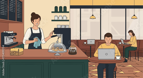 A vibrant coffee shop scene showcasing a barista and customers working on laptops
