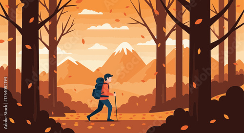 Adventurer's autumn trek: Exploring mountainous landscapes amidst falling leaves with joy