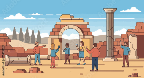 Cartoon illustration of tourists visiting and photographing ancient ruins site attraction