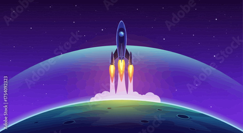 Cartoon rocket launching from an exoplanet illustration with dreamy colors and stars