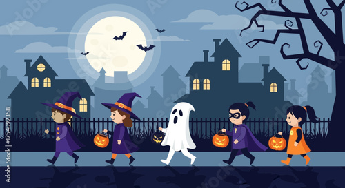 Charming Halloween night illustration with children trick-or-treating in various costumes