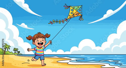 Cheerful girl flying kite on beach cartoon illustration capturing the essence of childhood fun