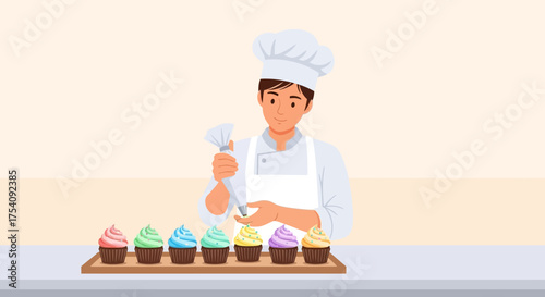 Chef decorates cupcakes with frosting, illustration for bakery concept and dessert decoration