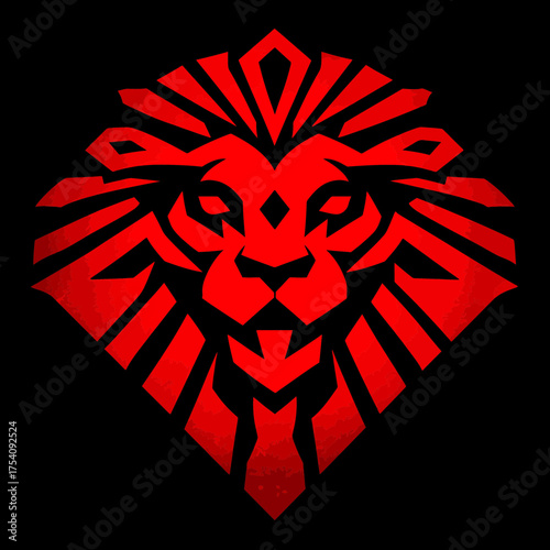 Stylized Red Lion Head Emblem on Black Background, Abstract Graphic Icon for Power, Strength, and Courage, Digital Art Vector Design