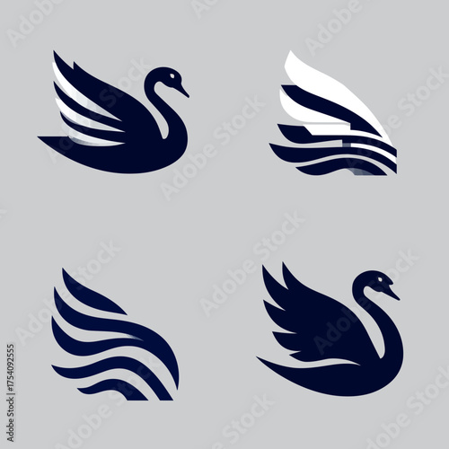 Abstract swan and water wave logo design set. Minimalist vector graphic elements for corporate identity, branding, and elegant nature concepts.