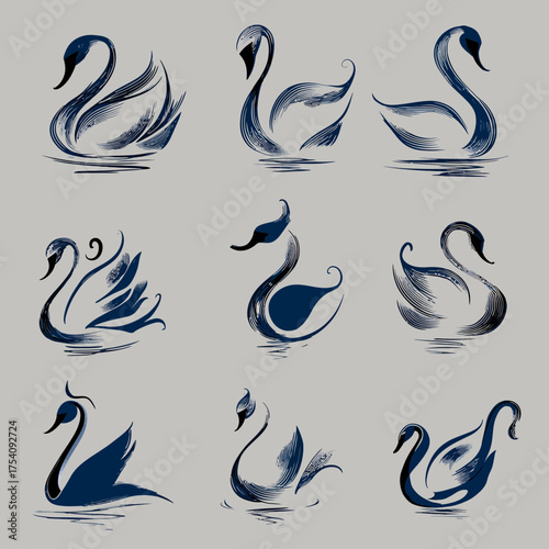 Elegant set of artistic stylized swan illustrations. Collection of graceful aquatic bird designs with brush stroke textures, perfect for graphic projects.