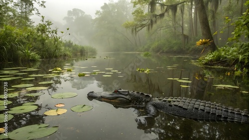 Beautiful natural landscape of an alligator in a swamp with trees and reflection in the green water