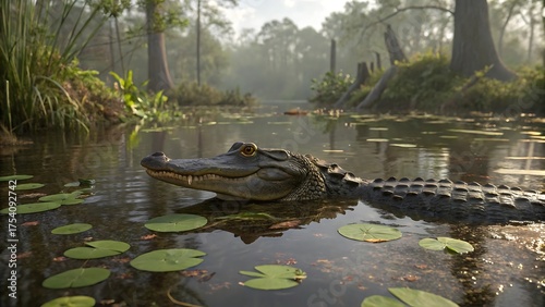 An alligator reflection in the dark water of a swamp pond with trees and grass in the nature landscape