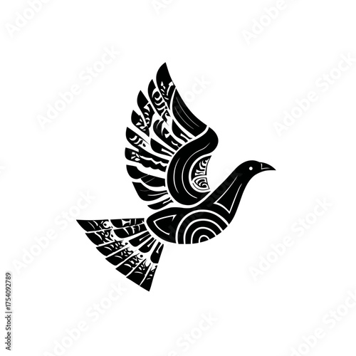 Stylized black flying dove with intricate patterns, a powerful symbol of peace, freedom, and spirituality on a clean white background