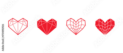 Red heart icons set on white background. Heart elements for decoration and collection.