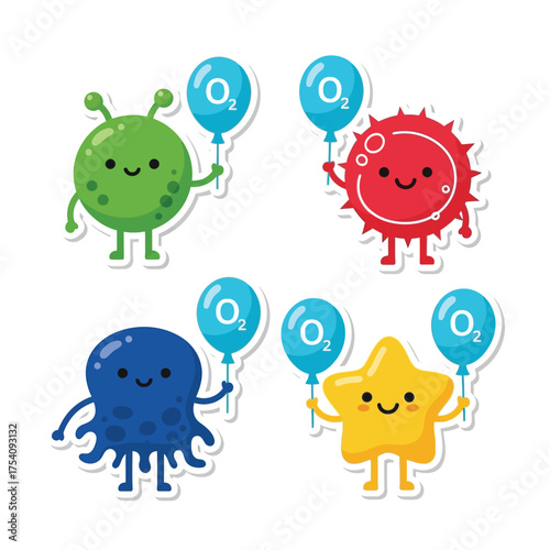 Four cheerful cartoon characters, each holding a balloon with an oxygen symbol, smiling brightly.