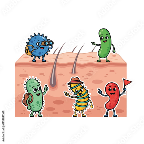 Cartoon microbes are exploring human skin with hair follicles; one uses binoculars, another carries a flag, and others point.