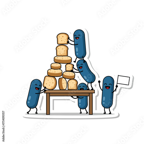 Cartoon microbes collaborate to stack bread slices on a table, one holding a blank sign, all smiling.
