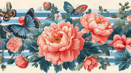 Floral stripe pattern featuring hand-painted roses, peonies, and paisley