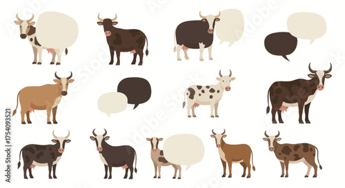 Charming vector illustration featuring a delightful pattern of diverse cow breeds with speech