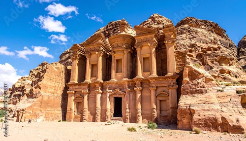 Ancient sandstone structure carved into a rock face under a blue sky with clouds