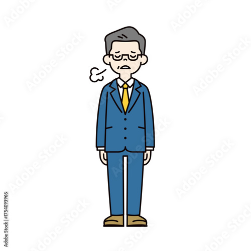 肩を落としてうつむく、60代・70代のビジネスマンのシンプルな全身ベクターイラスト素材