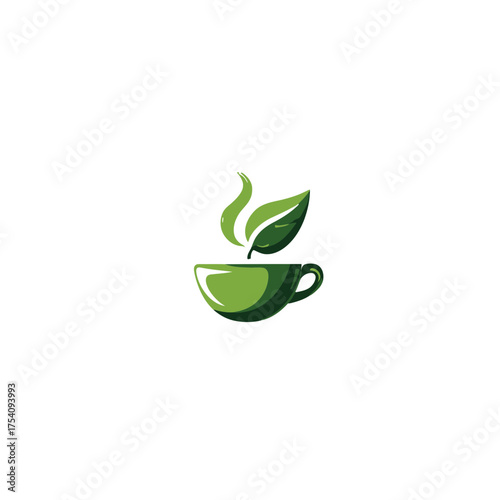 Stylized Green Teacup with Fresh Leaf and Rising Steam, Symbolizing Natural, Organic, Healthy Herbal Tea or Hot Beverage. Clean Icon Design.